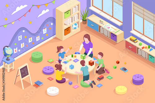 Isometric vector kindergarten room where kids play with teacher. Woman teaching children count and read using numbers and cubes with letters. Classroom for preschool child. Study, learn theme