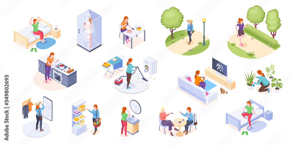 Woman daily life, home routine and everyday life, vector isometric icons. Woman daily leisure activity, morning wake up, breakfast, running in park, cooking and shopping, house cleaning and laundry Woman daily life, home routine and everyday life, vector isometric icons. Woman daily leisure activity, morning wake up, breakfast, running in park, cooking and shopping, house cleaning and laundry