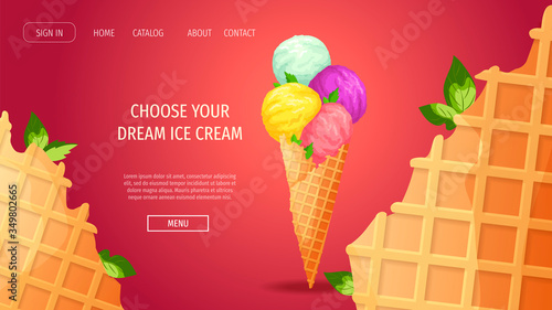 Website design for Ice cream shop or parlor, Sweet products, Dessert, Summer. Ice cream cone with various flavor scoops. Vector illustration for poster, banner, website, flyer, menu, commercial. 