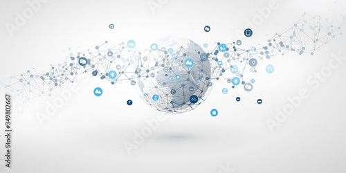 Internet of Things, Cloud Computing Design Concept with Earth Globe, Wireframe and Icons - Global Digital Network Connections, Smart Technology Concept