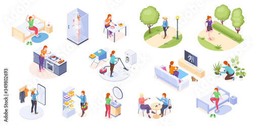 Woman daily life, home routine and everyday life, vector isometric icons. Woman daily leisure activity, morning wake up, breakfast, running in park, cooking and shopping, house cleaning and laundry