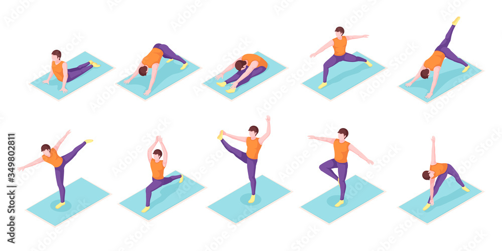 Man yoga poses exercise on yoga mat, vector isometric icons. Boy man body balance and stretch, sport and fitness workout, or pilates workout, mediation posture and wellness activity Man yoga poses exercise on yoga mat, vector isometric icons. Boy man body balance and stretch, sport and fitness workout, or pilates workout, mediation posture and wellness activity