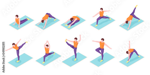 Man yoga poses exercise on yoga mat, vector isometric icons. Boy man body balance and stretch, sport and fitness workout, or pilates workout, mediation posture and wellness activity
