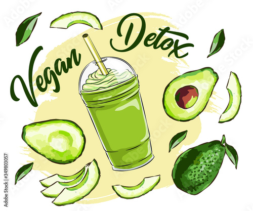 Vector illustration of vegan detox smoothie. Hand drawn recipe of healthy drink made of avocado,Hand drawn smoothie recipe, Eco healthy ingredients vector illustration. Great for poster, banner, vouch