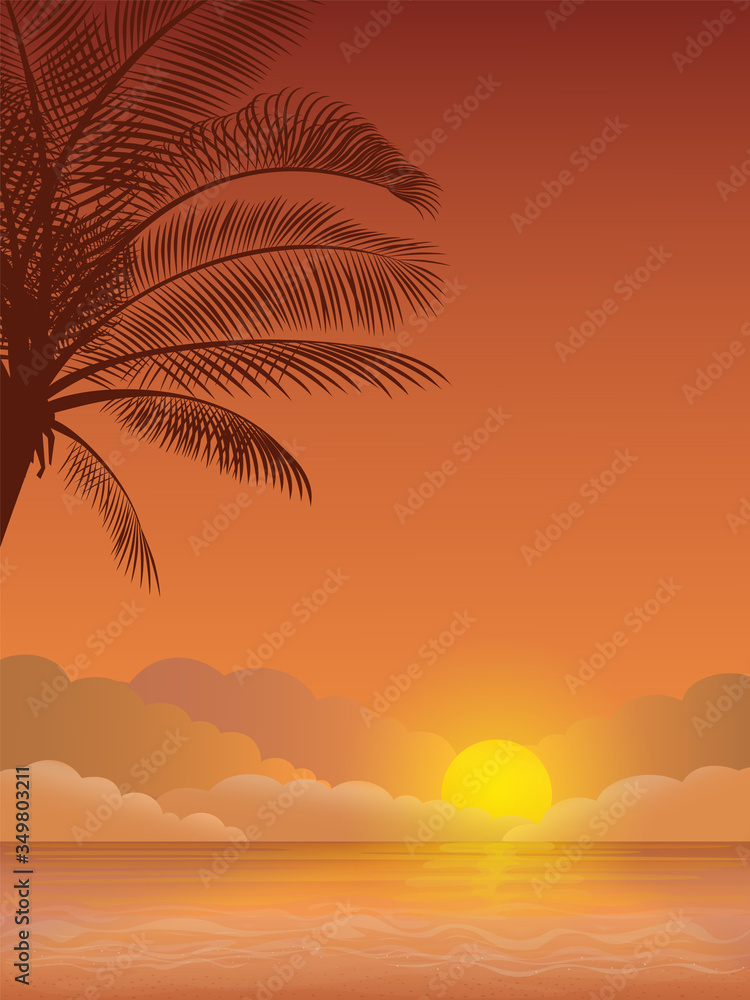Vector illustration - Evening beach silhouette. Palm, sand, ocean on background. Sunset with palm leaves. 
