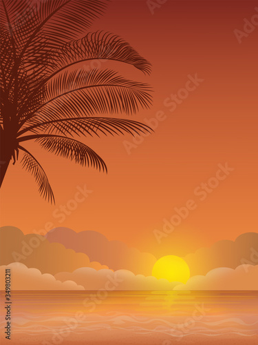 Fototapeta Naklejka Na Ścianę i Meble -  Vector illustration - Evening beach silhouette. Palm, sand, ocean on background. Sunset with palm leaves. 