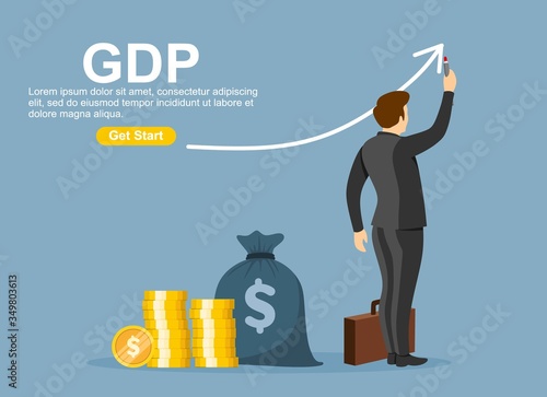 Growth GDP concept. Government budget, public spending. Businessman raises up arrow graphics. Increment in annual financial budget.
