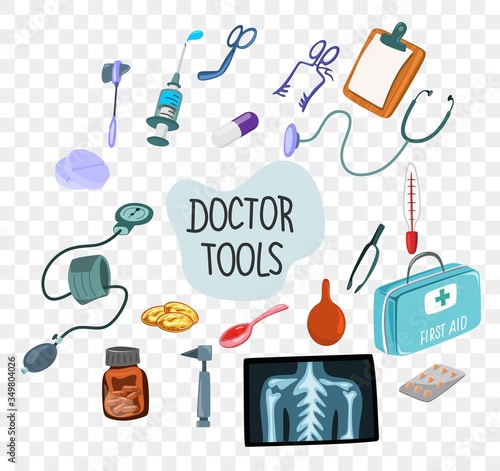 Doctor's tools. Medical surgical equipment: stethoscope, syringe, otoscope, blood pressure meter, first aid suitcase, pills and tablets. Vector set of icons isolated