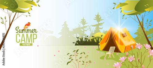 Summer camping banner with trees, flowers, pines, tent, chair. Forest horizontal landscape in green colors. Eco tourism background in flat style. Wildlife nature poster with copy space