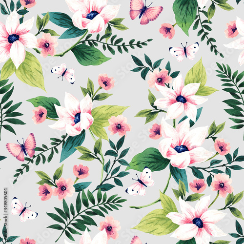 Seamless pattern with flowers. Watercolor illustration on a gray  background. Design for textiles, souvenirs, fabrics, packaging and greeting cards and more. © Anna