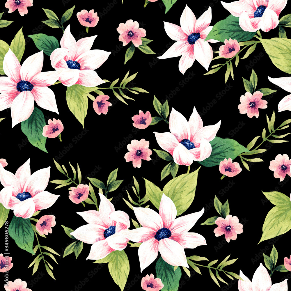 Seamless pattern with flowers. Watercolor illustration on a black background. Design for textiles, souvenirs, fabrics, packaging and greeting cards and more. Seamless pattern with flowers. Watercolor illustration on a black background. Design for textiles, souvenirs, fabrics, packaging and greeting cards and more.