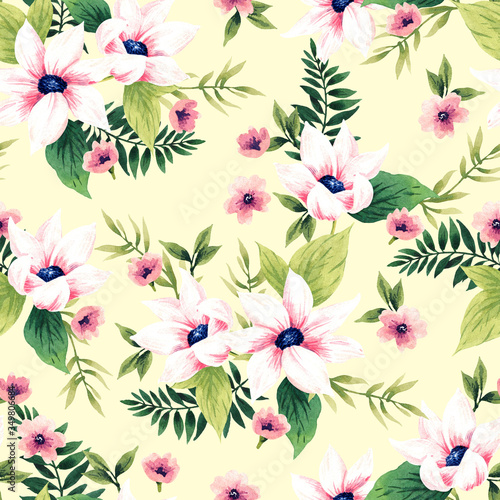 Seamless pattern with flowers. Watercolor illustration on a bright background. Design for textiles, souvenirs, fabrics, packaging and greeting cards and more.