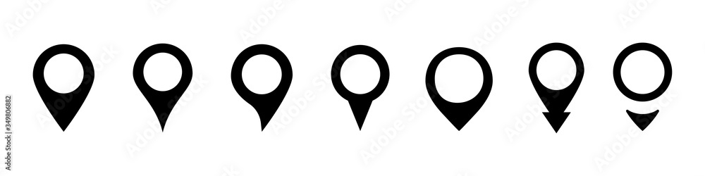Pin location pointer. Vector isolated elements collection. Location isolated vector collection black pins. Location pointed symbol. Pin location pointer. Vector isolated elements collection. Location isolated vector collection black pins. Location pointed symbol.