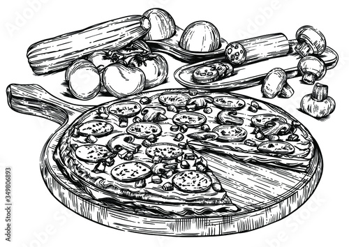 vector illustration of pizza and vegetables with detailed drawing