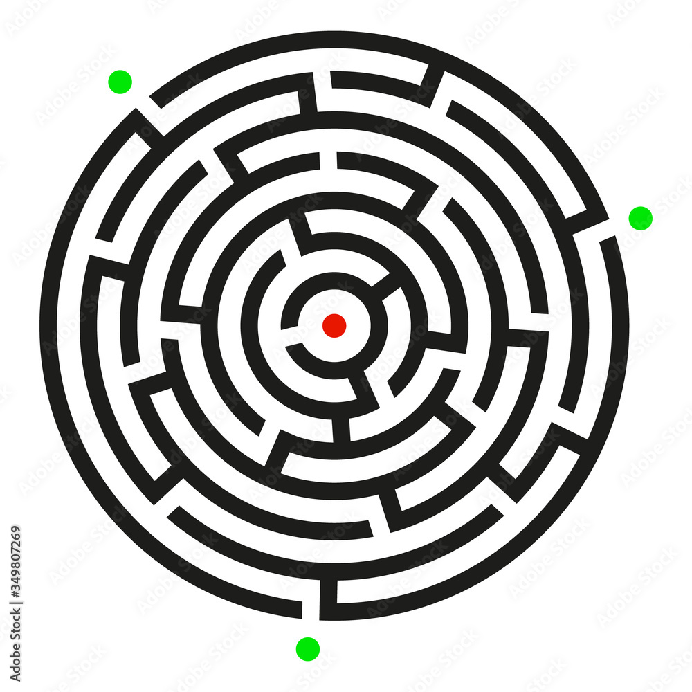 Black circle vector maze isolated on white background. Black labyrinth with three green entrances and red target. Vector maze icon. Labyrinth symbol. Circle puzzle Black circle vector maze isolated on white background. Black labyrinth with three green entrances and red target. Vector maze icon. Labyrinth symbol. Circle puzzle