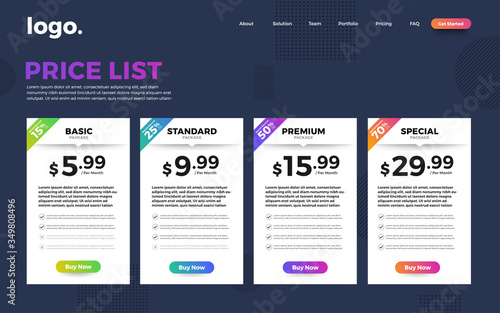 Template Design UX/UI price list. User interface panel product price package box and button buy now. Vector Illustrate.