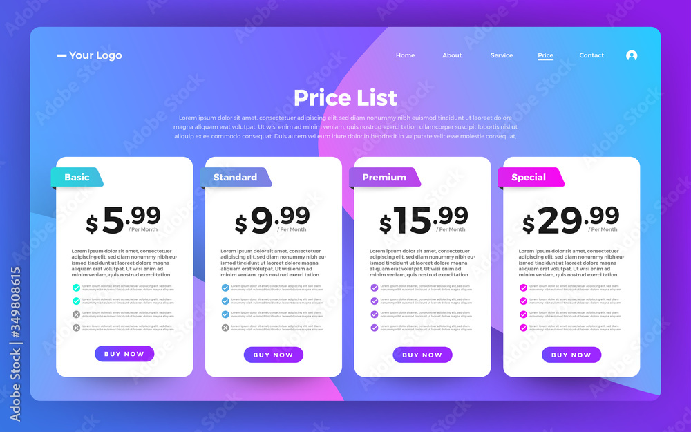 Vecteur Stock Template Design UX UI Price List User Interface Panel 