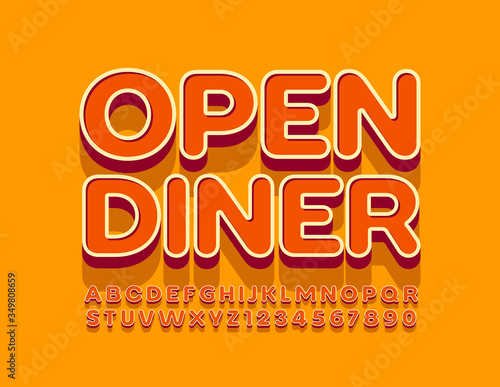Vector trendy emblem Open Diner with retro style Font. 3D Vintage Alphabet Letters and Numbers