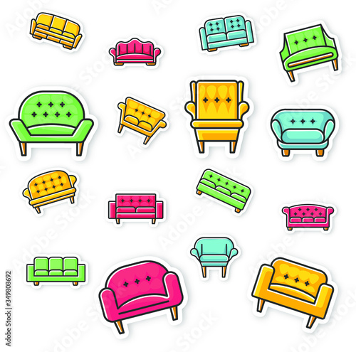 Different sofa and armchair, color sticker icon