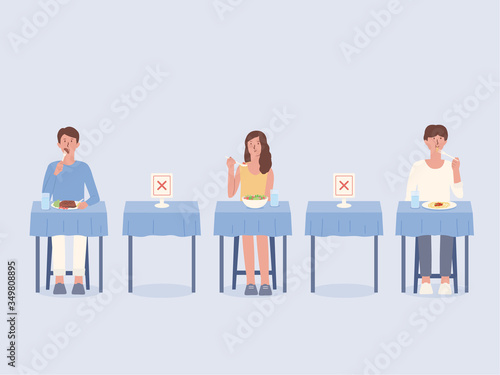 Peoples eating food alone at tables in the restaurant. Arrangement blank space to prevent and stop Coronavirus spread by doing social distancing. Illustration about physical distancing and new normal.