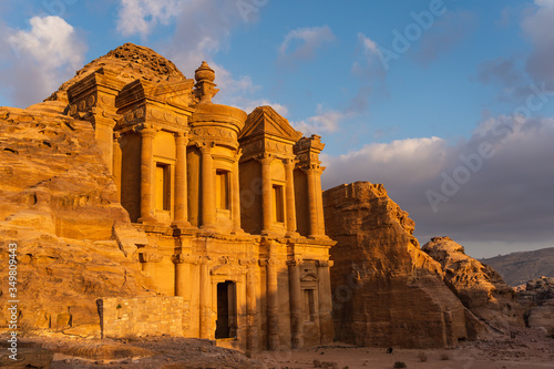 The Monastery or Ad Deir in Petra ruin and ancient city of Nabatean kingdom UNESCO world heritage site at sunset, Jordan, Arab