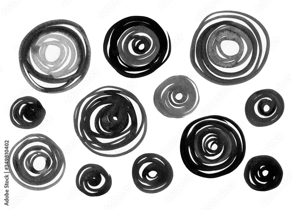 Black and gray watercolor circles. Ink blobs isolated on white background. Black and gray watercolor circles. Ink blobs isolated on white background.