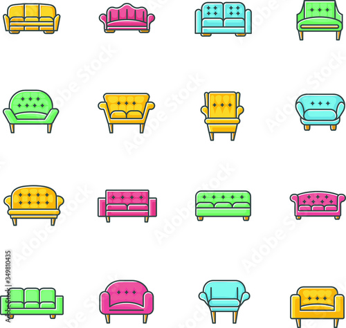 Different sofa and armchair, color icons