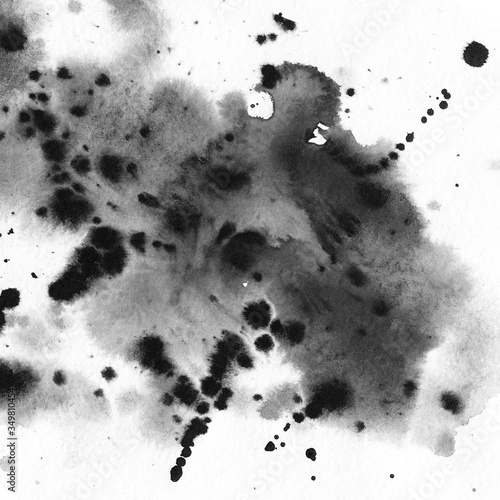 Wet stain adn drops background. Black watercolor painting. Abstract grunge illustration.