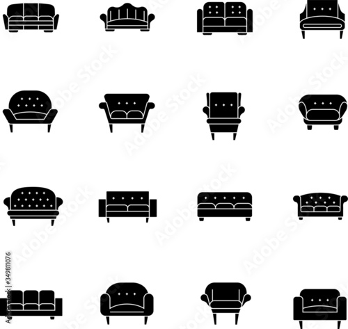 Different sofa and armchair, glyph icons