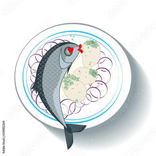 herring on a dish.  food image.  icon.  vector image.