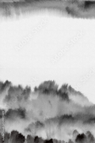 Abstract beautiful oriental watercolor texture, mountains, trees, forest