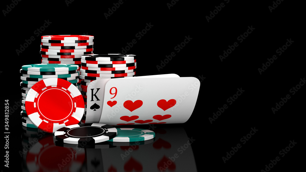 Obraz premium Baccarat game card combination natural 9 with casino chips on black table. 3D illustration