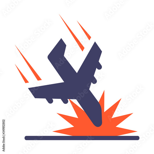 icon of a passenger plane crashing to the ground. flat vector illustration.