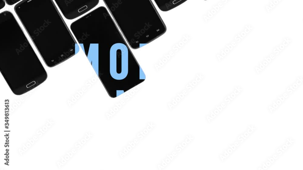 blue distorted text mobile banking appears on black smartphones, black gadgets moves on diagonal on white background, seamless looping animation, title for intro video saver, broadcast headline blue distorted text mobile banking appears on black smartphones, black gadgets moves on diagonal on white background, seamless looping animation, title for intro video saver, broadcast headline