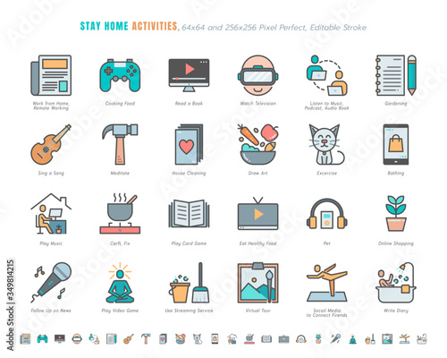 Simple Set of Stay Home Activities for Mental Health During Coronavirus, Covid-19 Crisis Related. Such as News Update, Cooking, Game. Filled Outline Icons Vector. 64x64 Pixel Perfect. Editable Stroke.