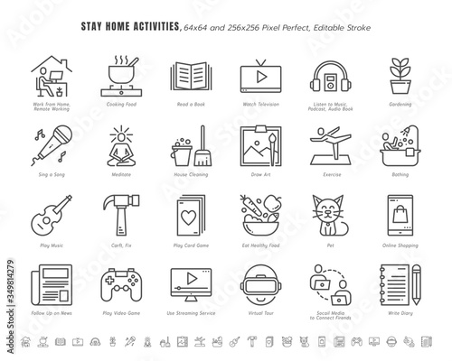 Simple Set of Stay Home Activities for Mental Health During Coronavirus, Covid-19 Crisis Related. Such as News Update, Cooking, Game. Line Outline Icons Vector. 64x64 Pixel Perfect. Editable Stroke.