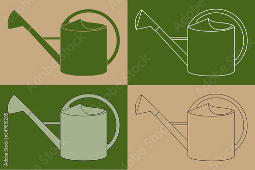 Variation d’un dessin d’un arrosoir pour arroser les plantes du jardin sur un fond beige ou vert. 