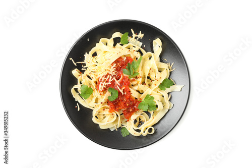 Plate with tasty pasta isolated on white background