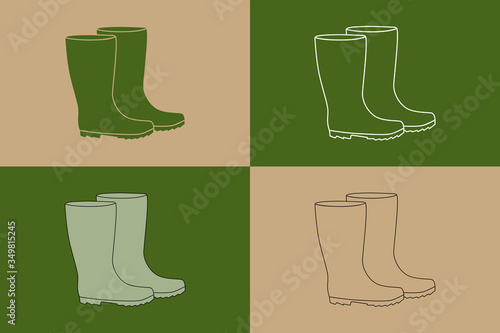Variation d’un dessin d’une paire de bottes de jardinage sur un fond beige ou vert. 