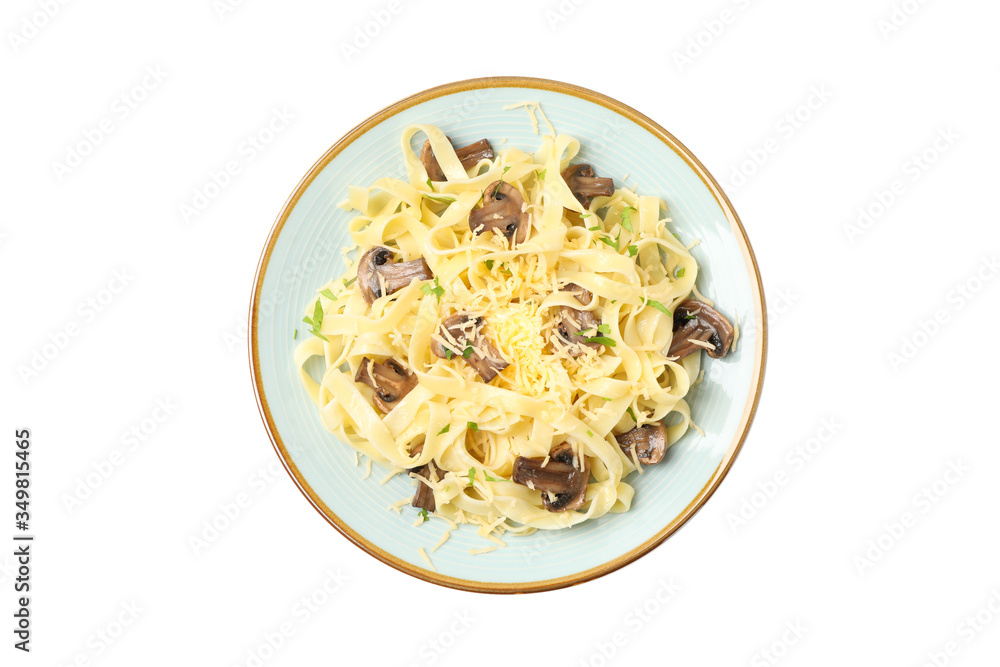Plate with pasta, cheese and mushrooms isolated on white background Plate with pasta, cheese and mushrooms isolated on white background
