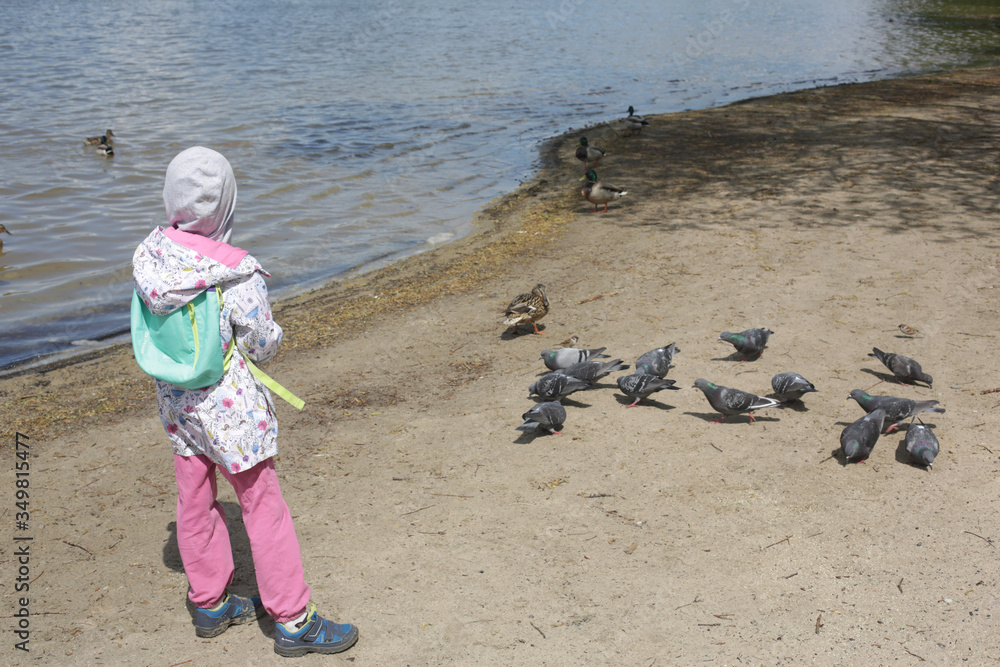little girl feeds pigeons near the lake
little girl feeds pigeons near the lake
