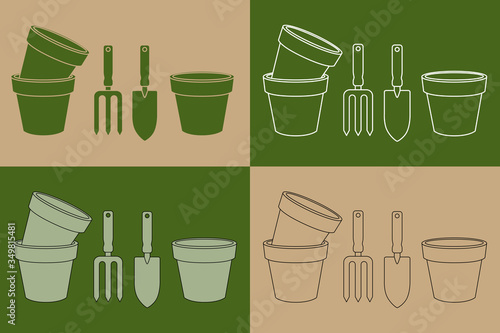 Variation de dessins de pots de fleurs et d’outils de jardinage, sur un fond beige ou vert. 