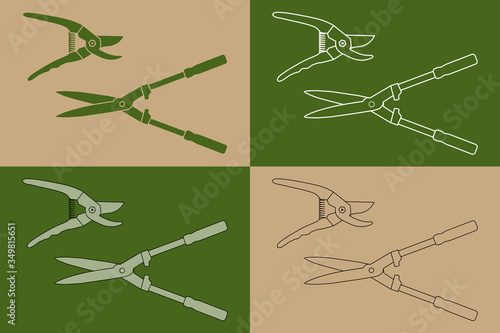 Variation de dessins d’outils de jardinage, sécateur, cisaille à haie, sur un fond beige ou vert. 