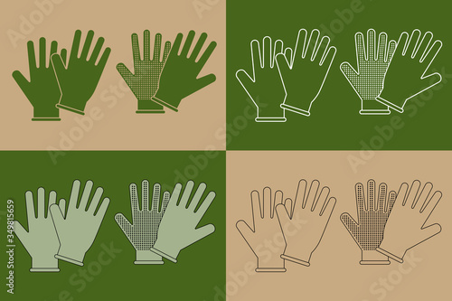 Variation d’un dessin d’une paire de gants pour le jardinage sur un fond beige ou vert. 