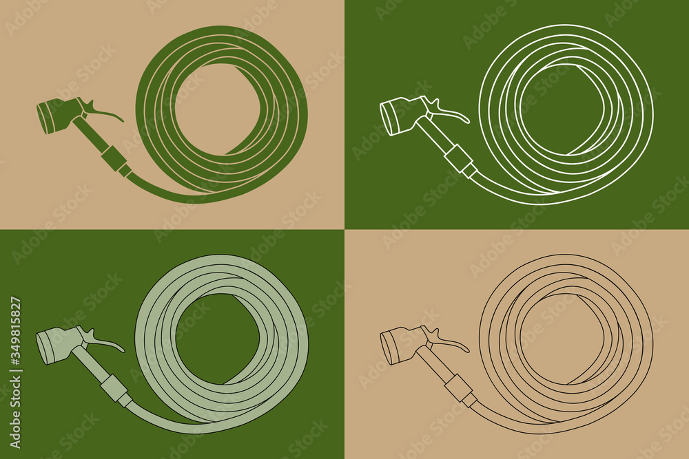 Variation d'un dessin de tuyau d'arrosage pour arroser le jardin sur un  fond beige ou vert. Stock Vector | Adobe Stock