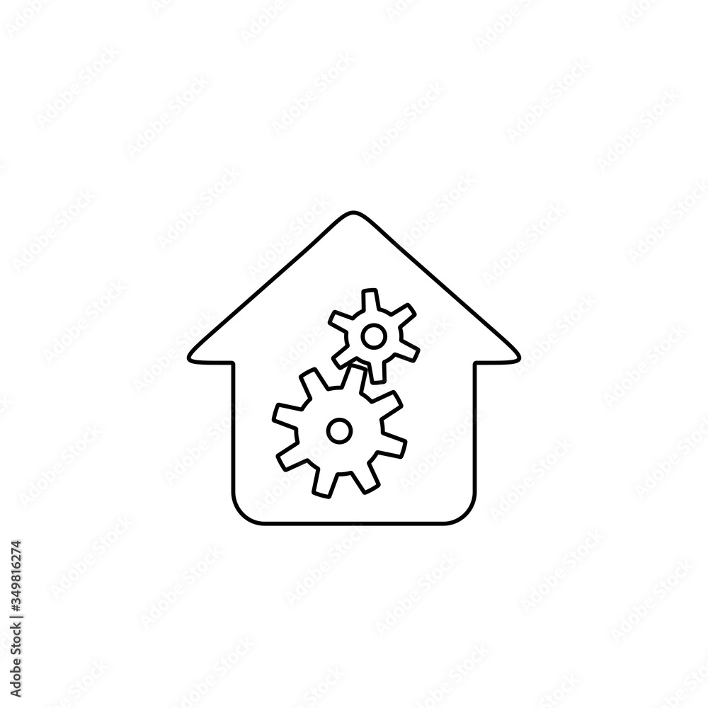 Home with gears sign. House and cogwheels symbol. Line workshop icon. Home with gears sign. House and cogwheels symbol. Line workshop icon.