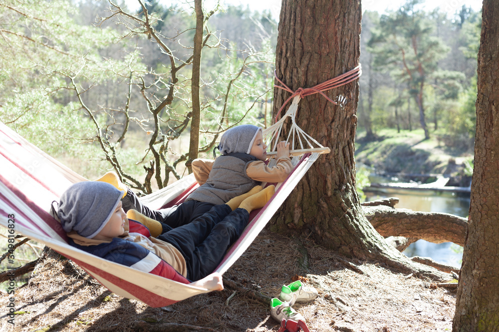two boys in a hammock in the forest, camping, travel, tourism, hike and people concept - concept happy family camping in the forest two boys in a hammock in the forest, camping, travel, tourism, hike and people concept - concept happy family camping in the forest