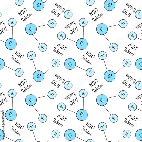 Seamless pattern with water h2o molecule, chemical formula. Vector sketch illustration in doodle sketch style. Concept of medicine chemistry, biology science, ingredient, cosmetology white background.