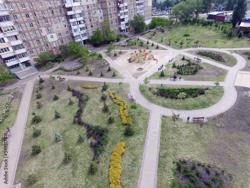 Panoramic view of Kiev at spring  drone image . 