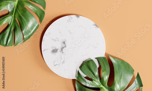 Top view circle marble podium with monstera leaves. Cosmetic product mockup. ...